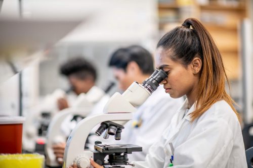 Scientists look into a microscope with the focus on a girl scientist