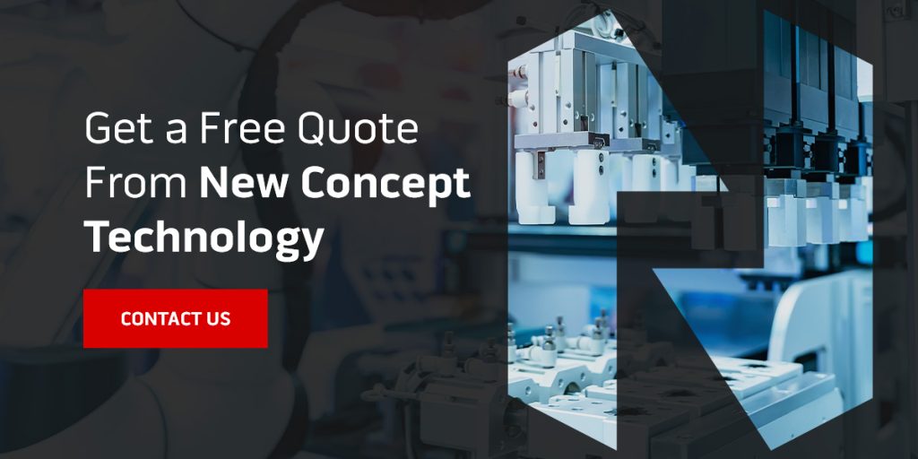 Manufacturing facility background with call-to-action to get a free quote from New Concept Technology.